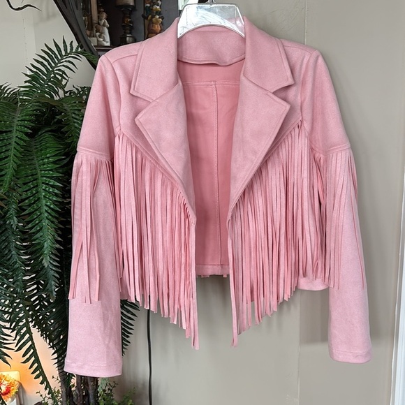 NWOT Pink Fringe Jacket Faux Suede Cropped Western Moto Tassel Cowgirl Pastel - Picture 14 of 14